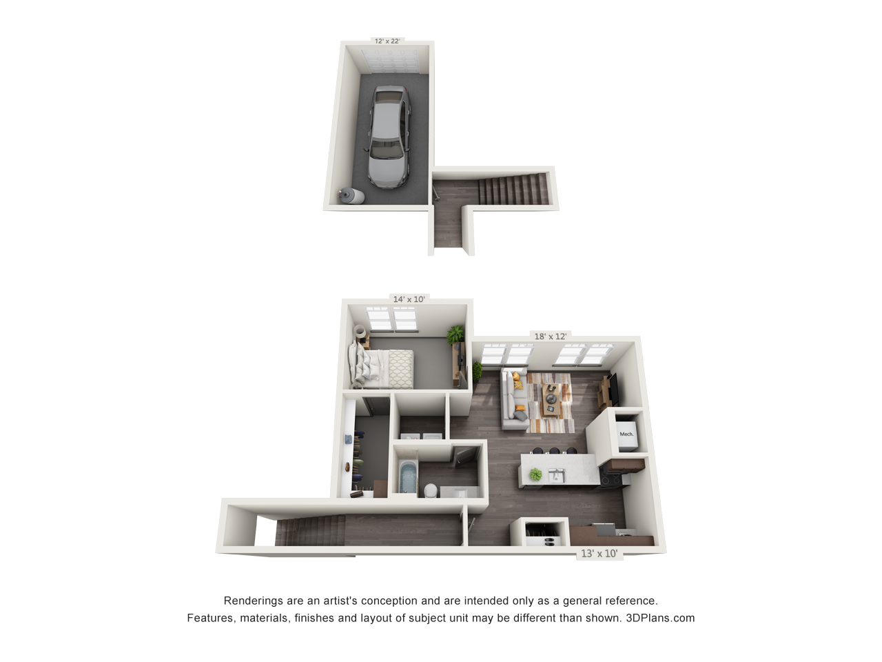 Floor plan for 1 bed, 1 bath, 755 sqft